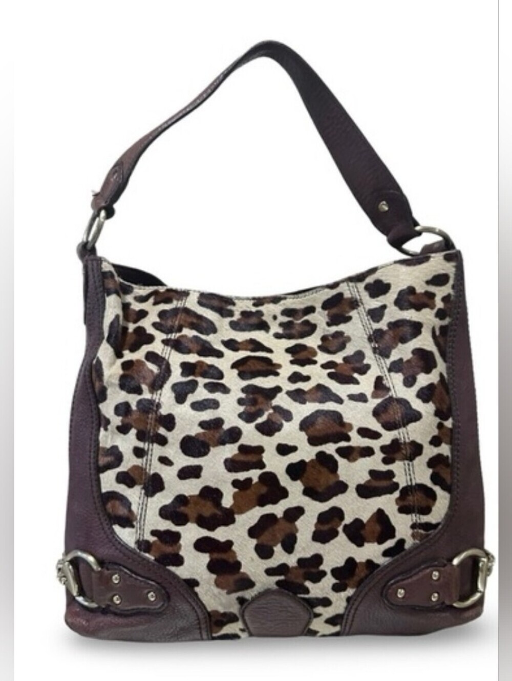 Michael Kors Leopard Print Calf Hair Hobo Bag Brown Leather Shoulder Purse - Picture 3 of 10